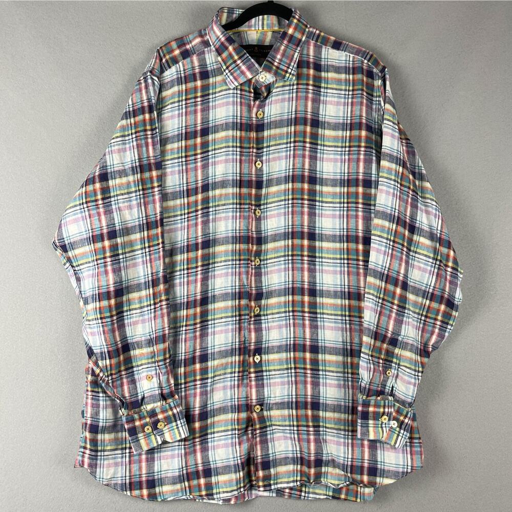 Robert Talbott Tailored Linen Shirt Mens XXL Plaid Button Up Long Sleeve Preppy